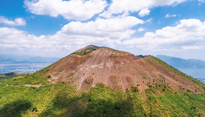 Mount Vesuvius crater view with surrounding landscape, Italy.