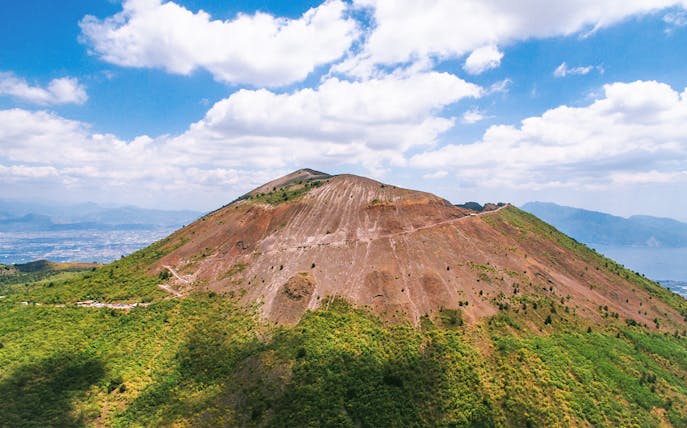 Mount Vesuvius crater view with surrounding landscape, Italy.