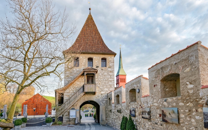 Schloss Laufen Castle entrance at Rhine Falls, featuring stone walls and a tower.