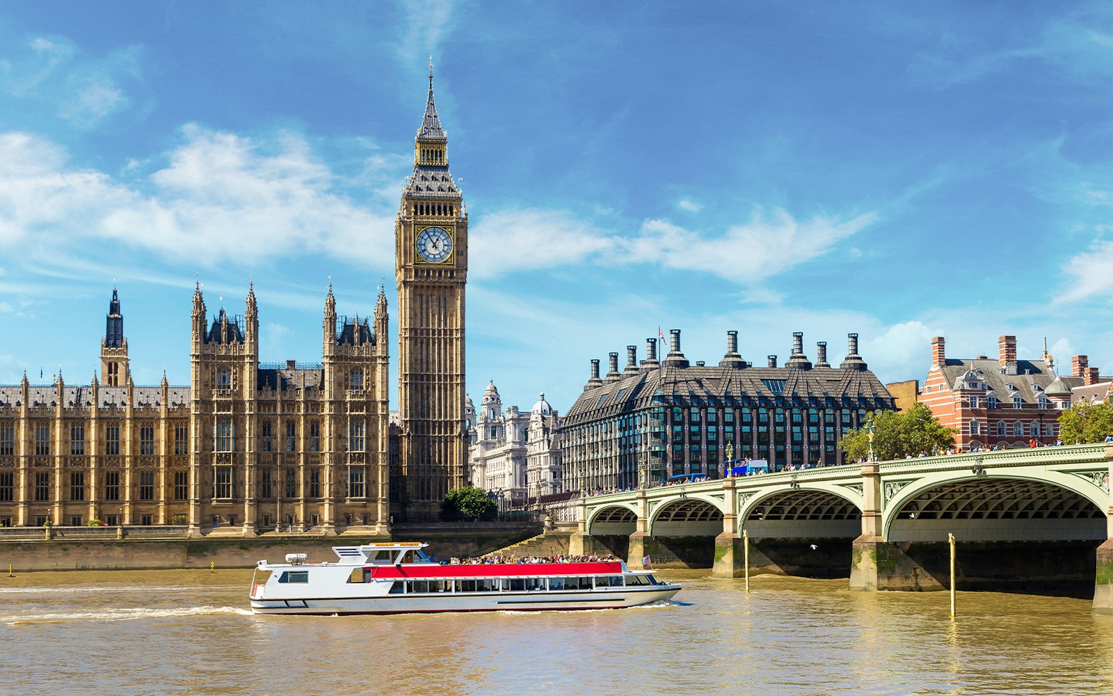 River cruise boat on the Thames passing the London Eye and Big Ben, part of the London Sightseeing Cruise.