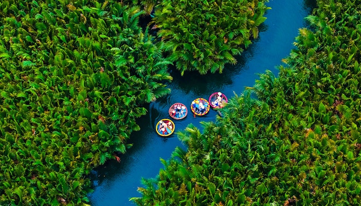 Aerial view of basket boats on a river surrounded by lush greenery in Hoi An, Vietnam.