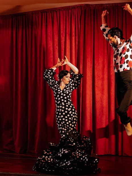 Flamenco dancers performing on stage at Laietana, Barcelona.