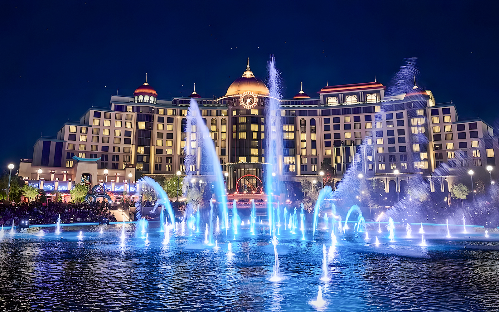 Fountain show at night in Celestial Park, Epic Universe, Universal Orlando.