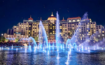Fountain show at night in Celestial Park, Epic Universe, Universal Orlando.