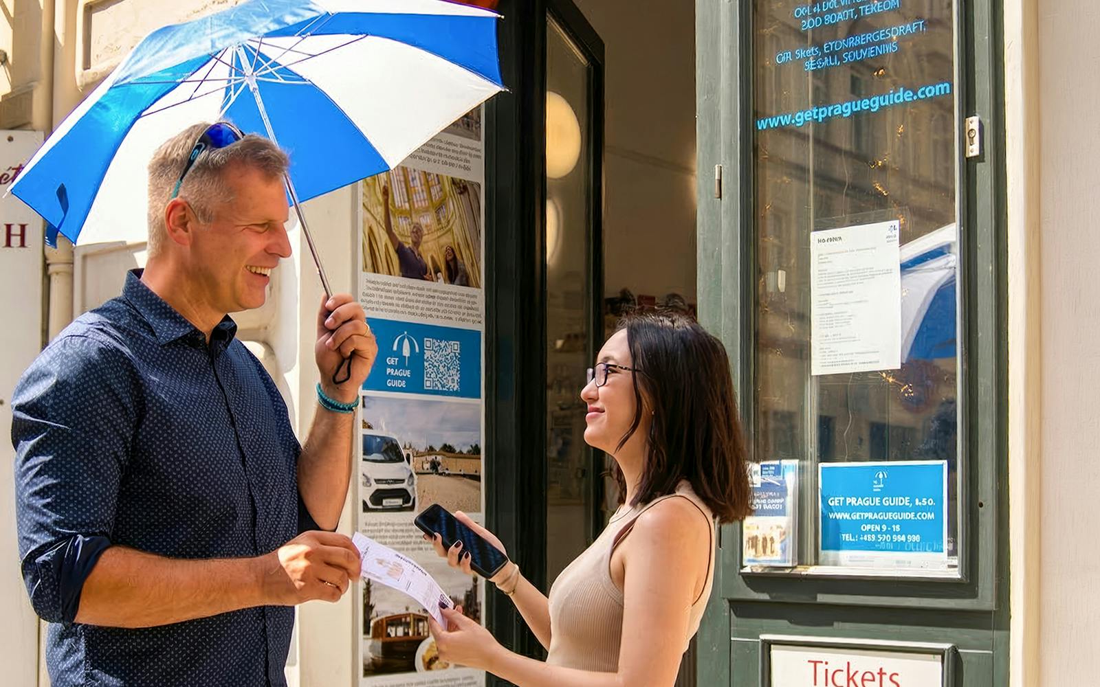 Man receiving tickets for Prague Walking Tour at a ticket office.