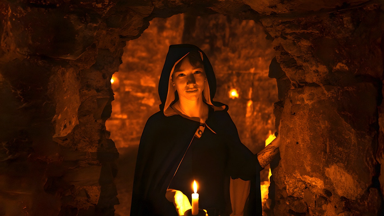 Guide in cloak holding candle in Edinburgh underground vaults on Doomed, Dead and Buried Tour.