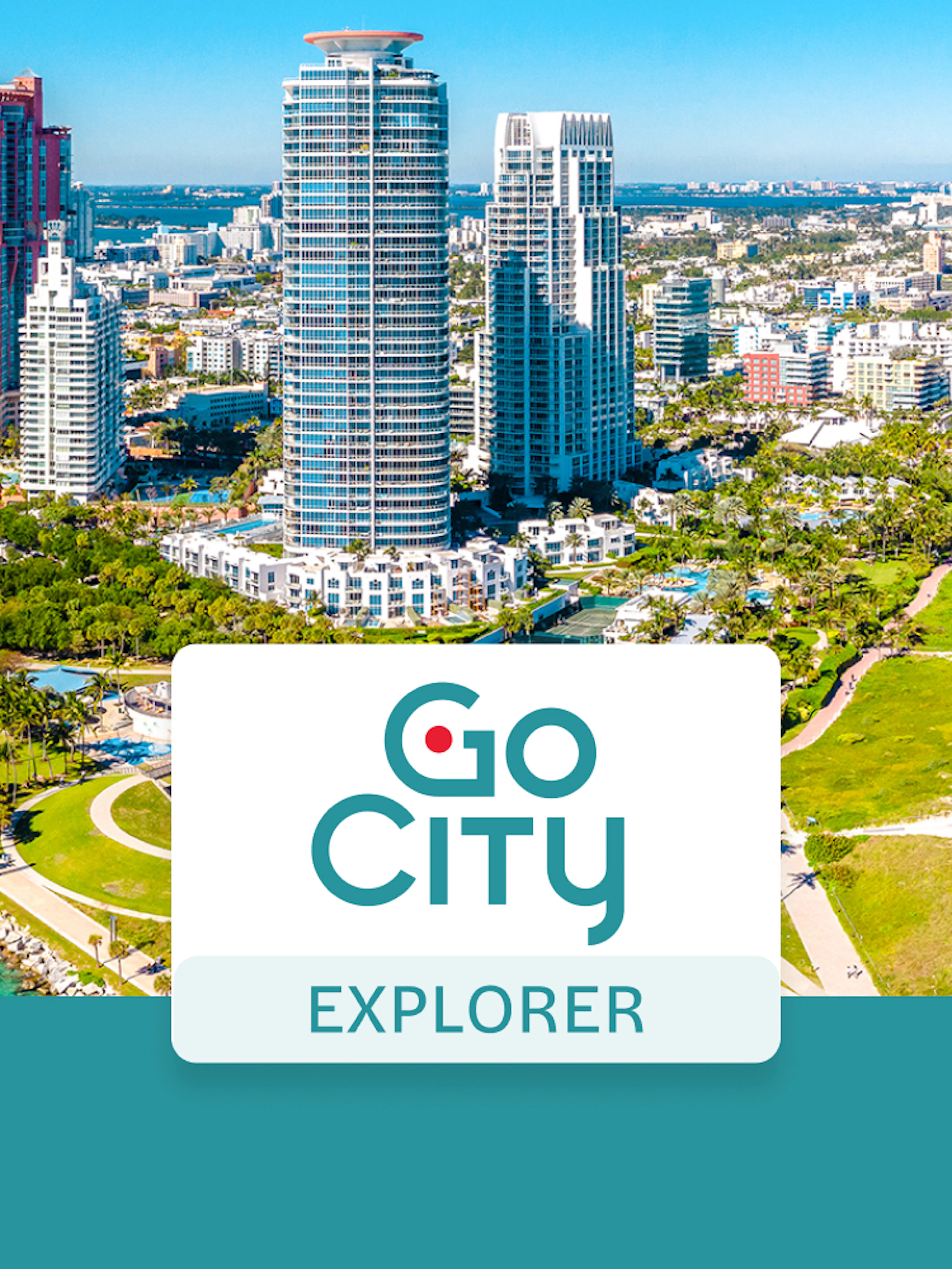 Miami skyline with beach and Go City Explorer Pass logo.