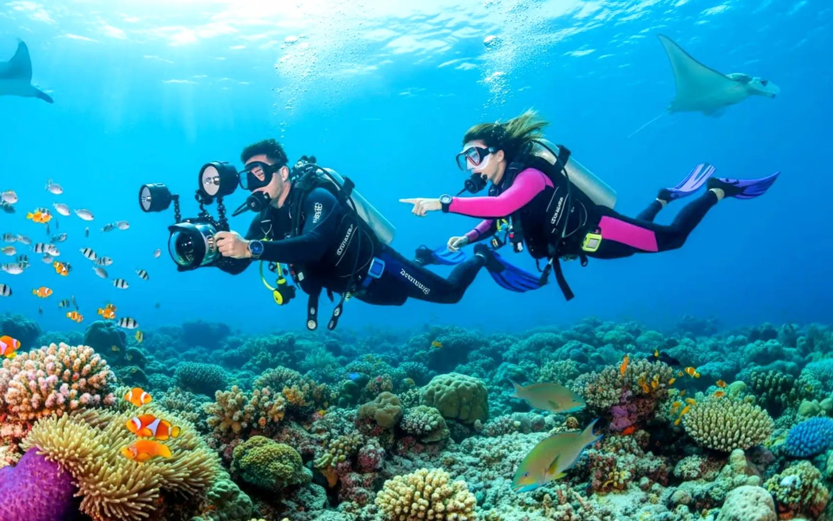 Divers exploring coral reef with fish in Hurghada, Egypt, during a sunset intro dive.