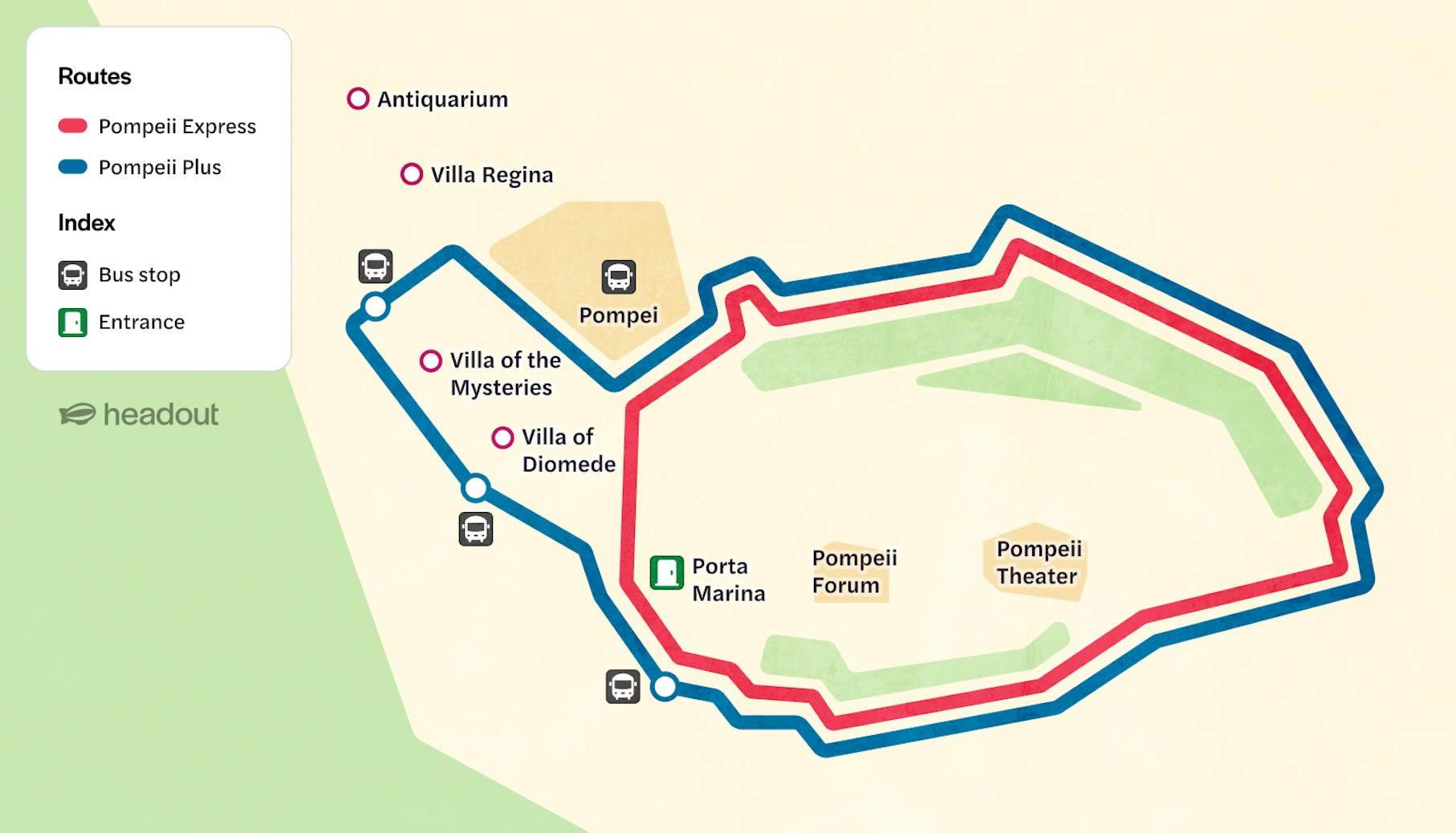 Map showing Pompeii Express and Plus routes with stops at Villa of the Mysteries and Pompeii Forum.