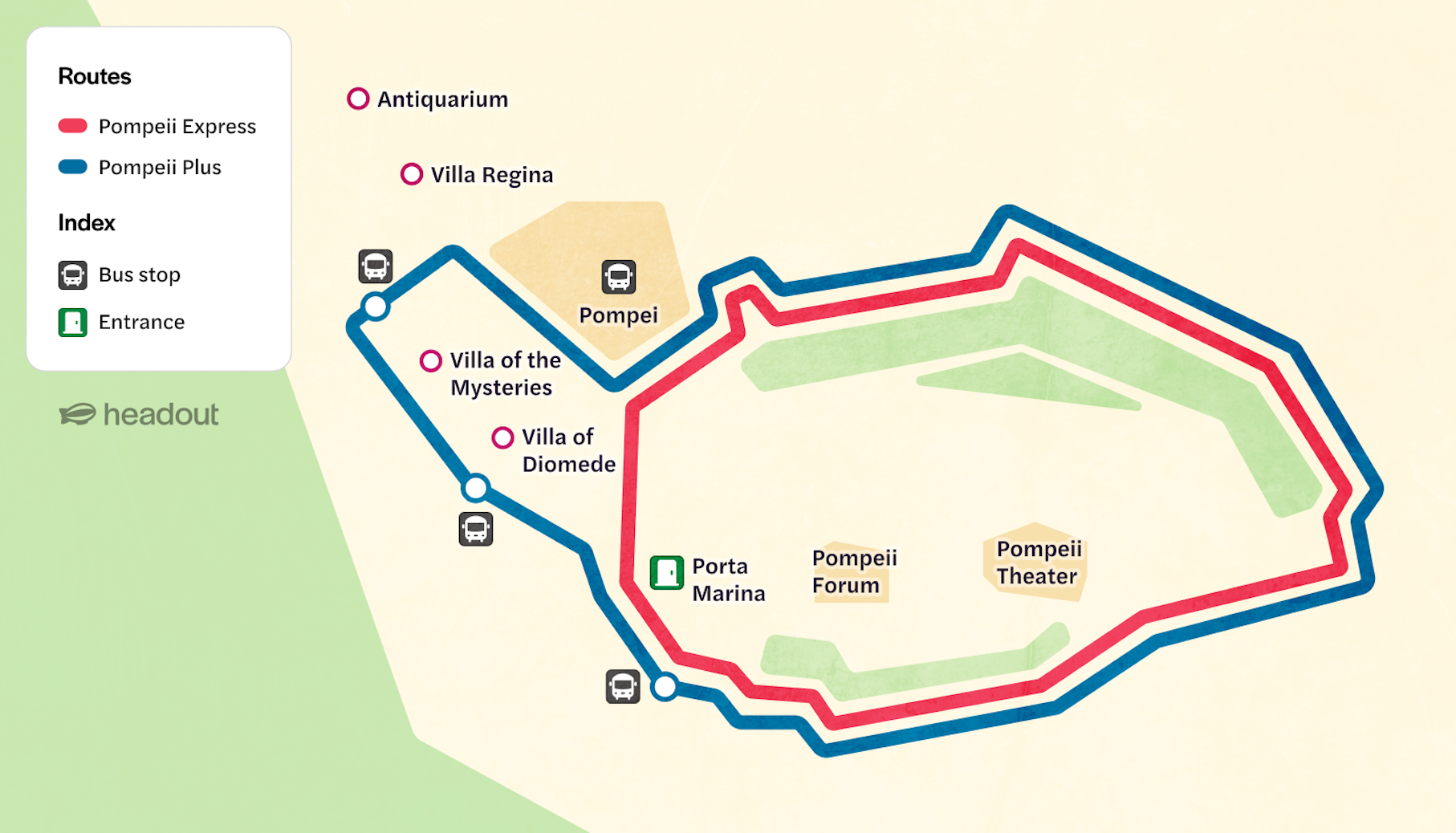 Map showing Pompeii Express and Plus routes with stops at Villa of the Mysteries and Pompeii Forum.