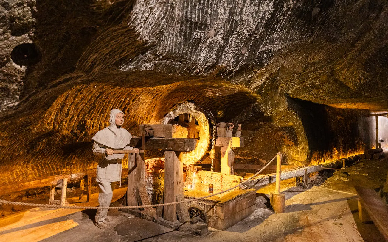 Wieliczka Salt Mine interior with historical mining display, Krakow tour.