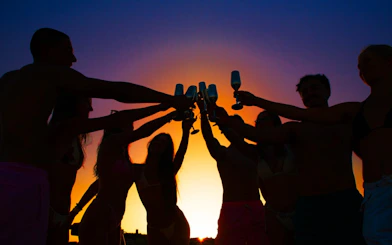 Group toasting with champagne glasses at sunset on Benalmádena cruise.