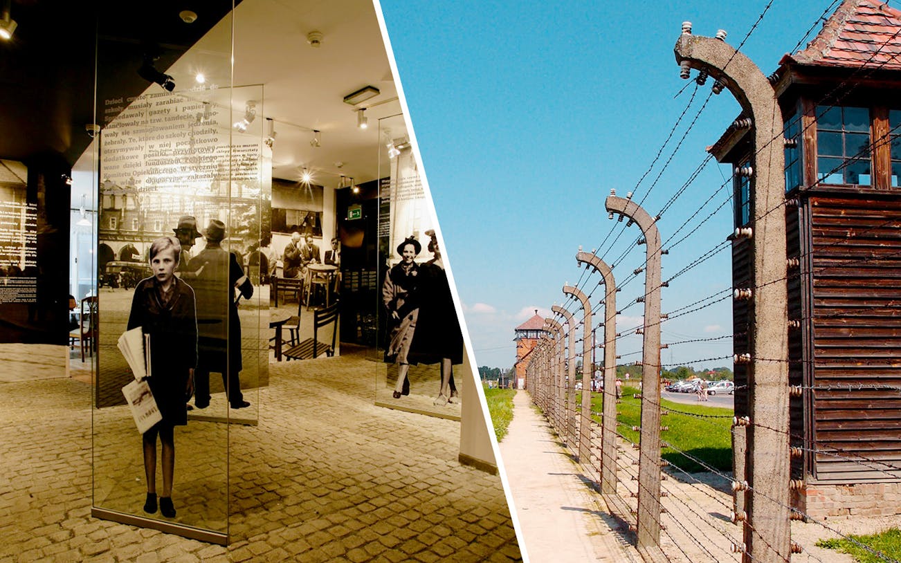Auschwitz-Birkenau barbed wire fence and Schindler's Factory exhibit in Krakow.