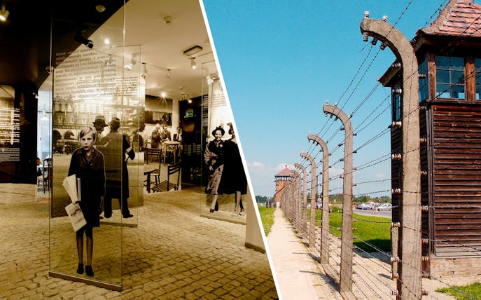 Auschwitz-Birkenau barbed wire fence and Schindler's Factory exhibit in Krakow.