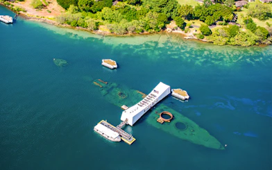 Aerial view of USS Arizona Memorial at Pearl Harbor, Honolulu, Oahu, Hawaii.