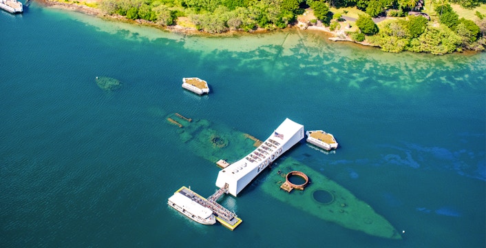Aerial view of USS Arizona Memorial at Pearl Harbor, Honolulu, Oahu, Hawaii.