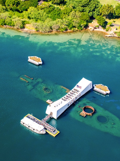 Aerial view of USS Arizona Memorial at Pearl Harbor, Honolulu, Oahu, Hawaii.