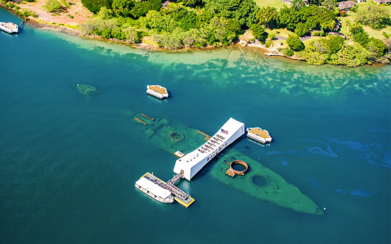Aerial view of USS Arizona Memorial at Pearl Harbor, Honolulu, Oahu, Hawaii.