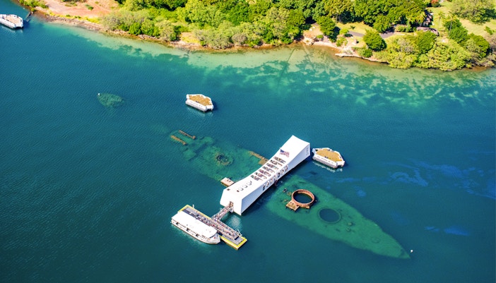 Aerial view of USS Arizona Memorial at Pearl Harbor, Honolulu, Oahu, Hawaii.