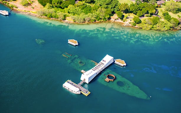 Aerial view of USS Arizona Memorial at Pearl Harbor, Honolulu, Oahu, Hawaii.
