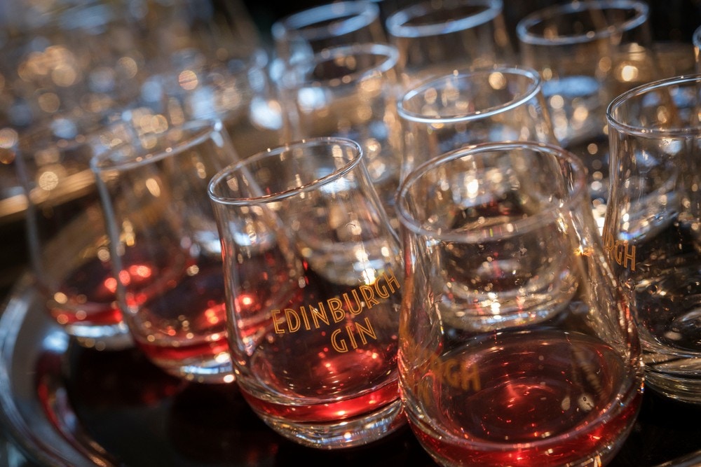 Tasting glasses with gin samples at Edinburgh Gin Distillery.