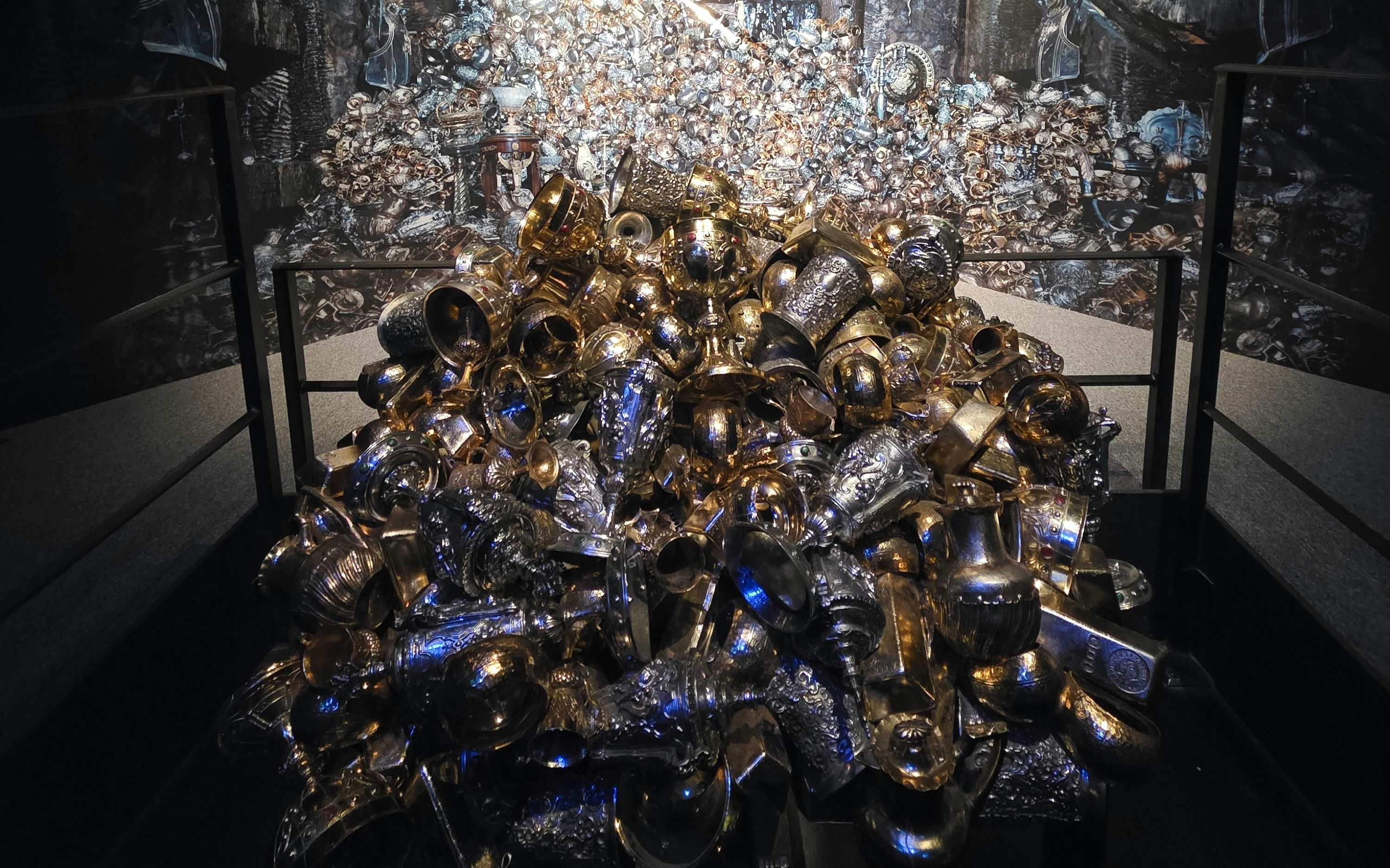 Gringotts Wizarding Bank vault filled with gold and silver treasures from Harry Potter.