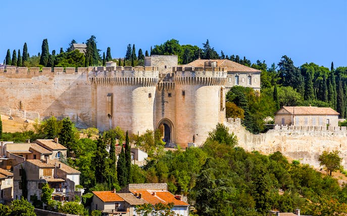 Fort Saint-André entrance with surrounding landscape in Villeneuve-lès-Avignon, France.