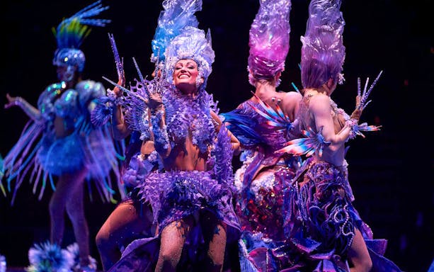 Performers in vibrant costumes during the Awakening show.