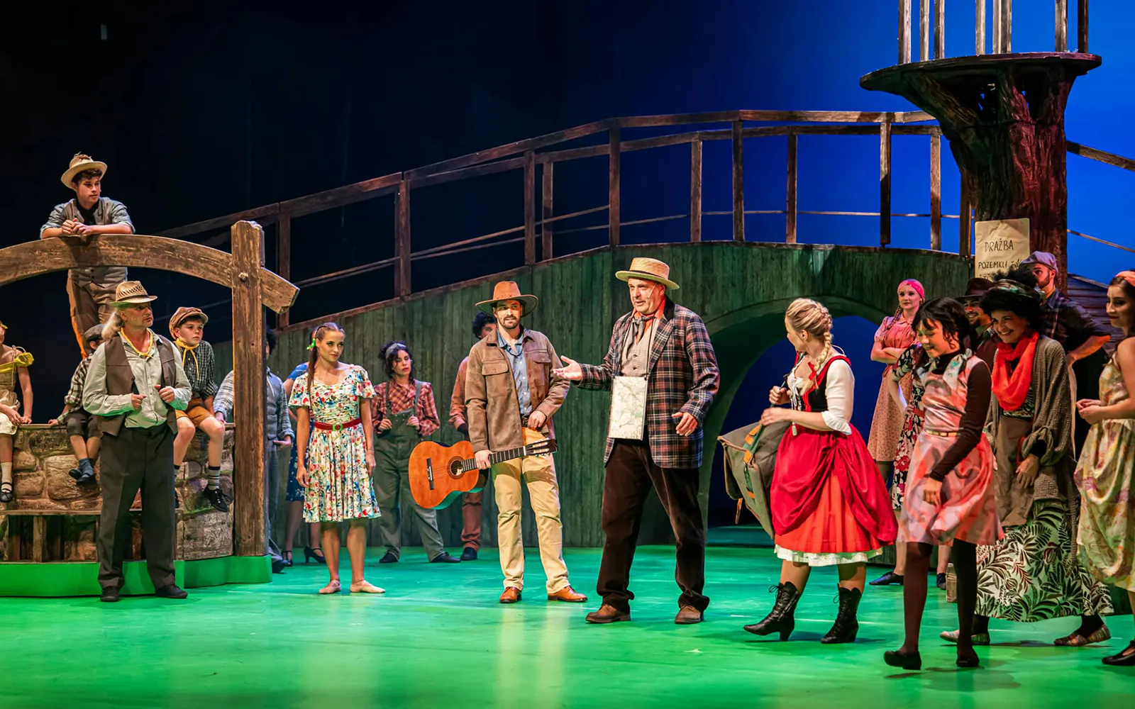 Performers on stage in Finian’s Rainbow at Hybernia Theatre, Prague.