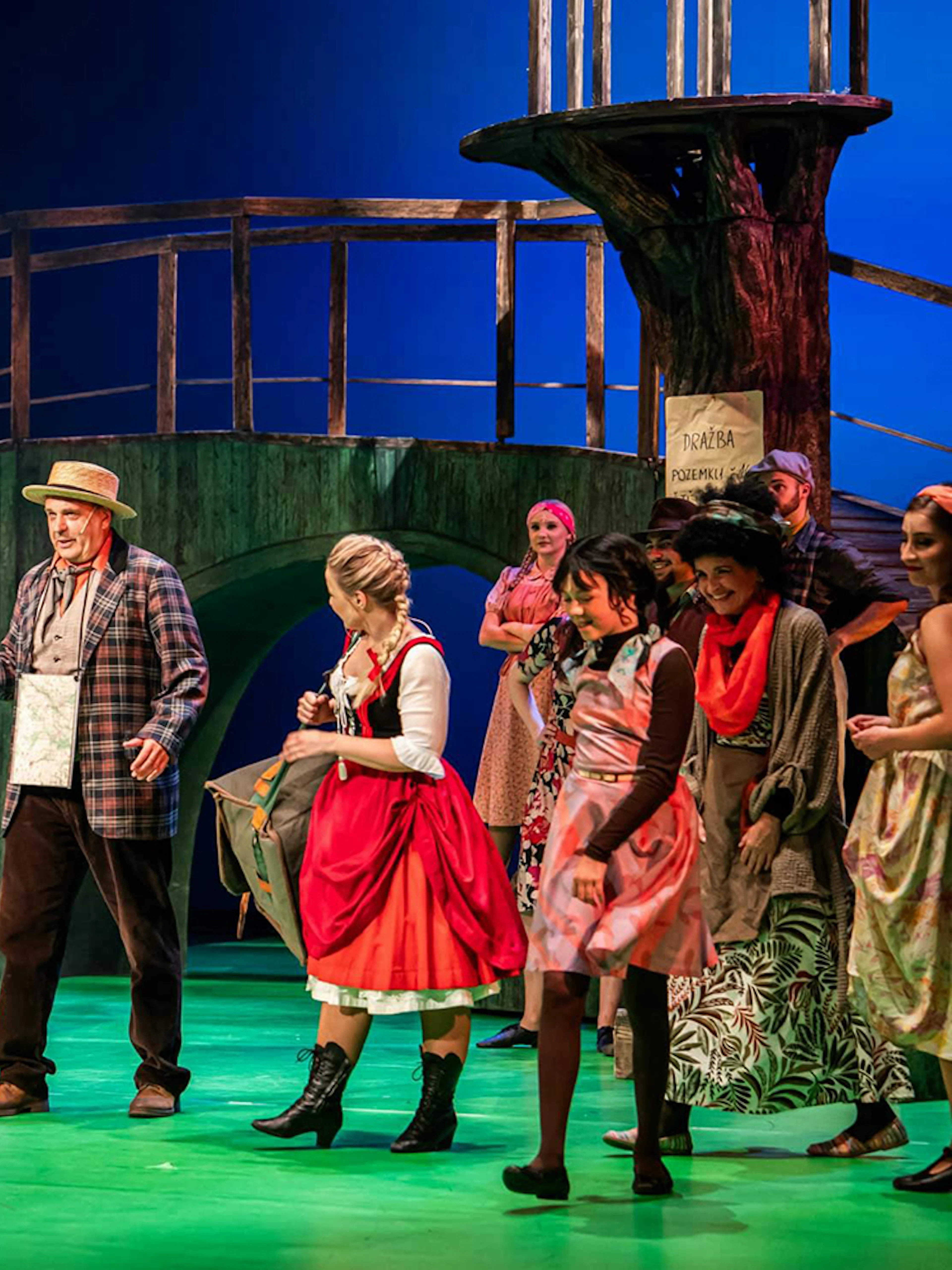 Performers on stage in Finian’s Rainbow at Hybernia Theatre, Prague.