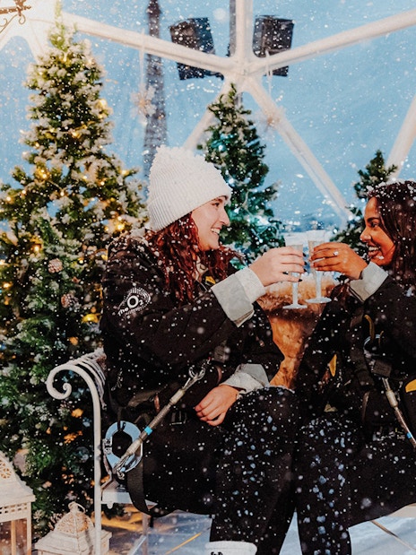 Guests toasting inside the Up at the O2 Snow Globe Experience with festive trees.