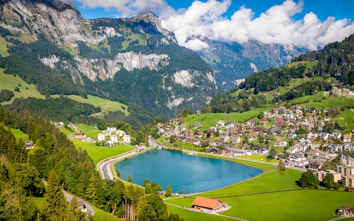 Engelberg village and lake with Mount Titlis cable car views, Switzerland.