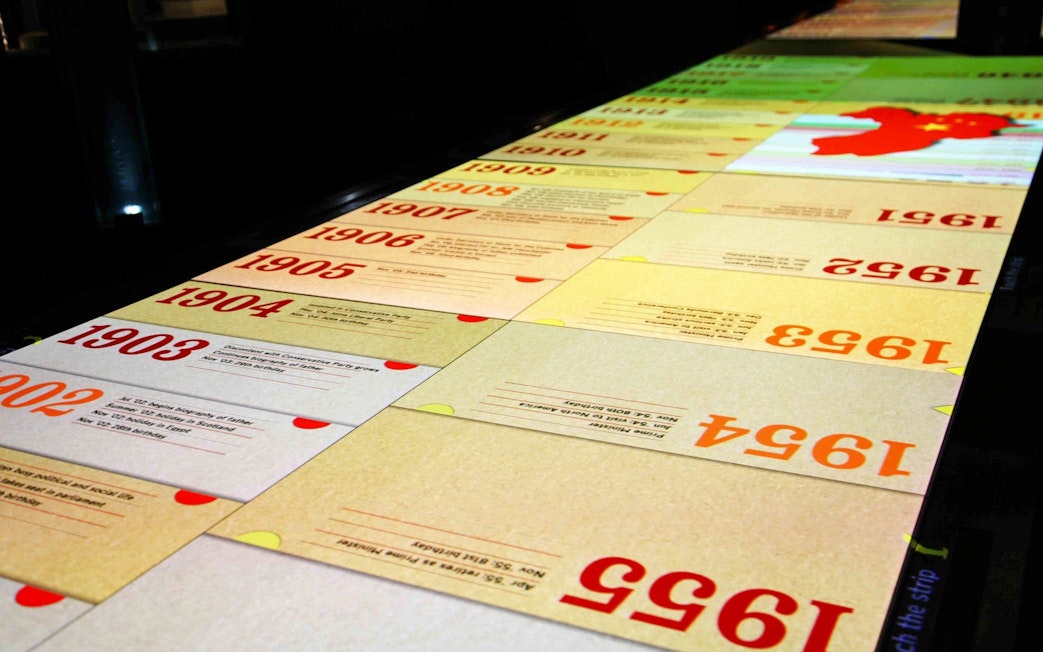 Timeline display of historical events at Churchill War Rooms, London.