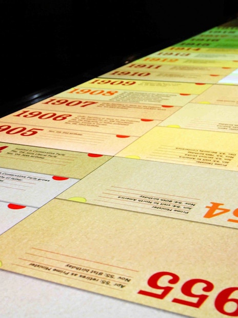 Timeline display of historical events at Churchill War Rooms, London.