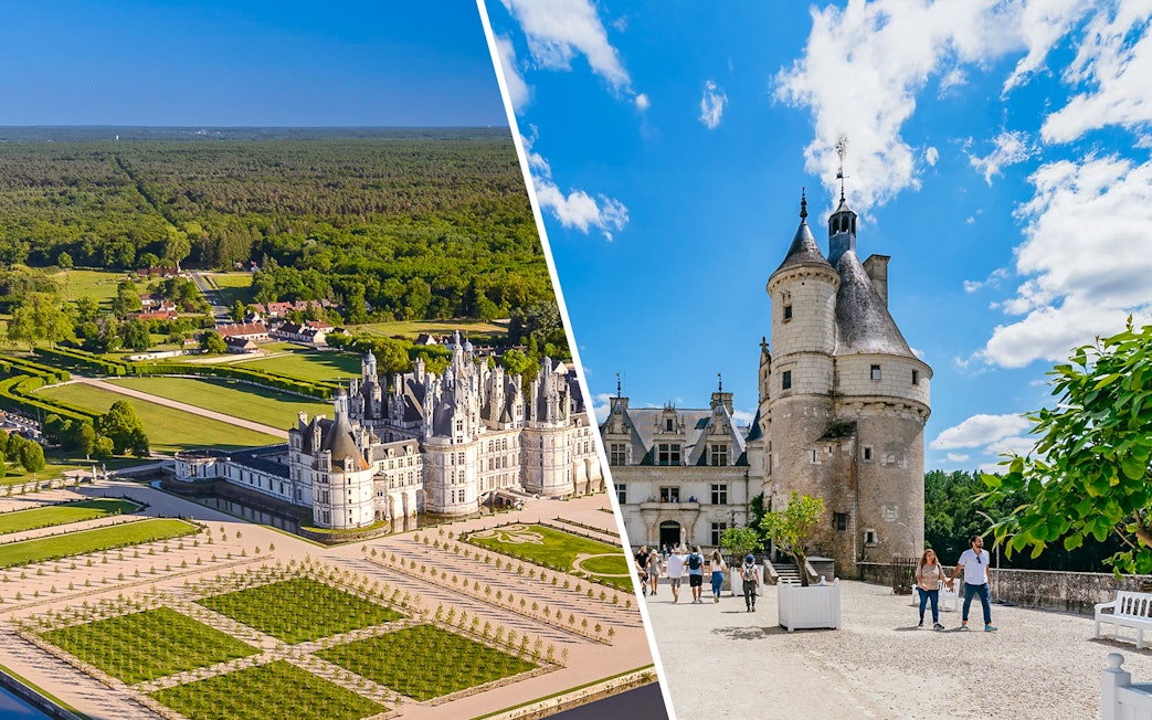 Chambord and Chenonceau castles in Loire Valley, France, showcasing architecture and gardens.