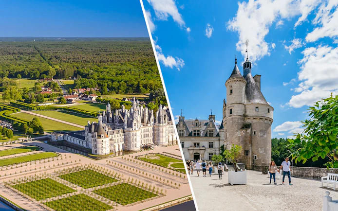 Chambord and Chenonceau castles in Loire Valley, France, showcasing architecture and gardens.