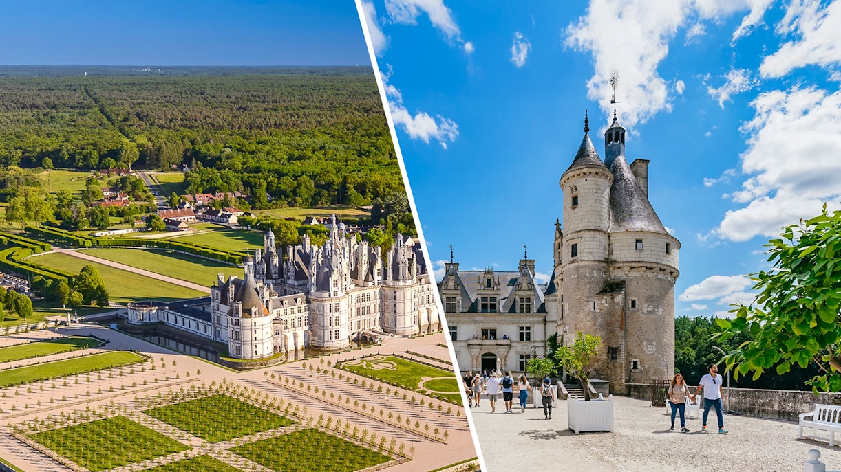 Chambord and Chenonceau castles in Loire Valley, France, showcasing iconic architecture and lush gardens.