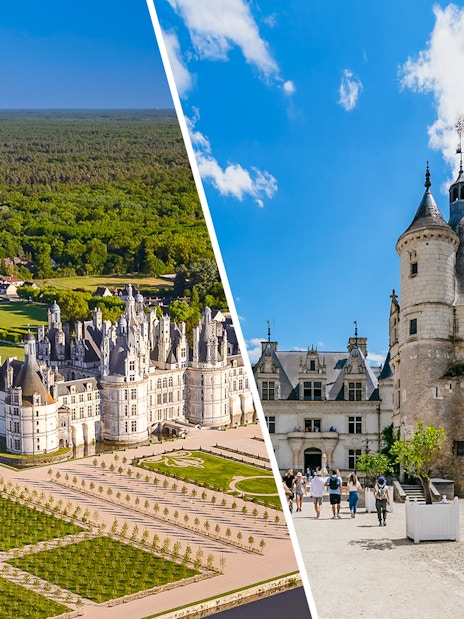 Chambord and Chenonceau castles in Loire Valley, France, showcasing architecture and gardens.