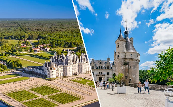 Chambord and Chenonceau castles in Loire Valley, France, showcasing architecture and gardens.