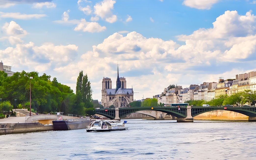 Seine River cruise boat near Notre-Dame Cathedral, Paris.