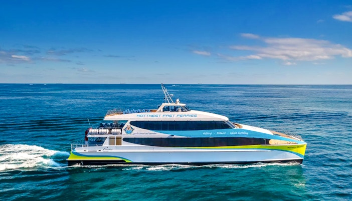 Rottnest Fast Ferries vessel cruising on the ocean.