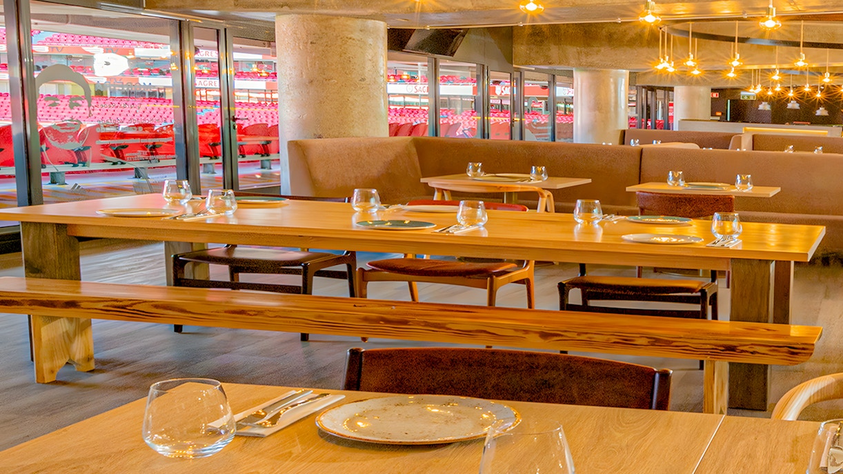 Benfica Stadium restaurant overlooking the football field in Lisbon, Portugal.