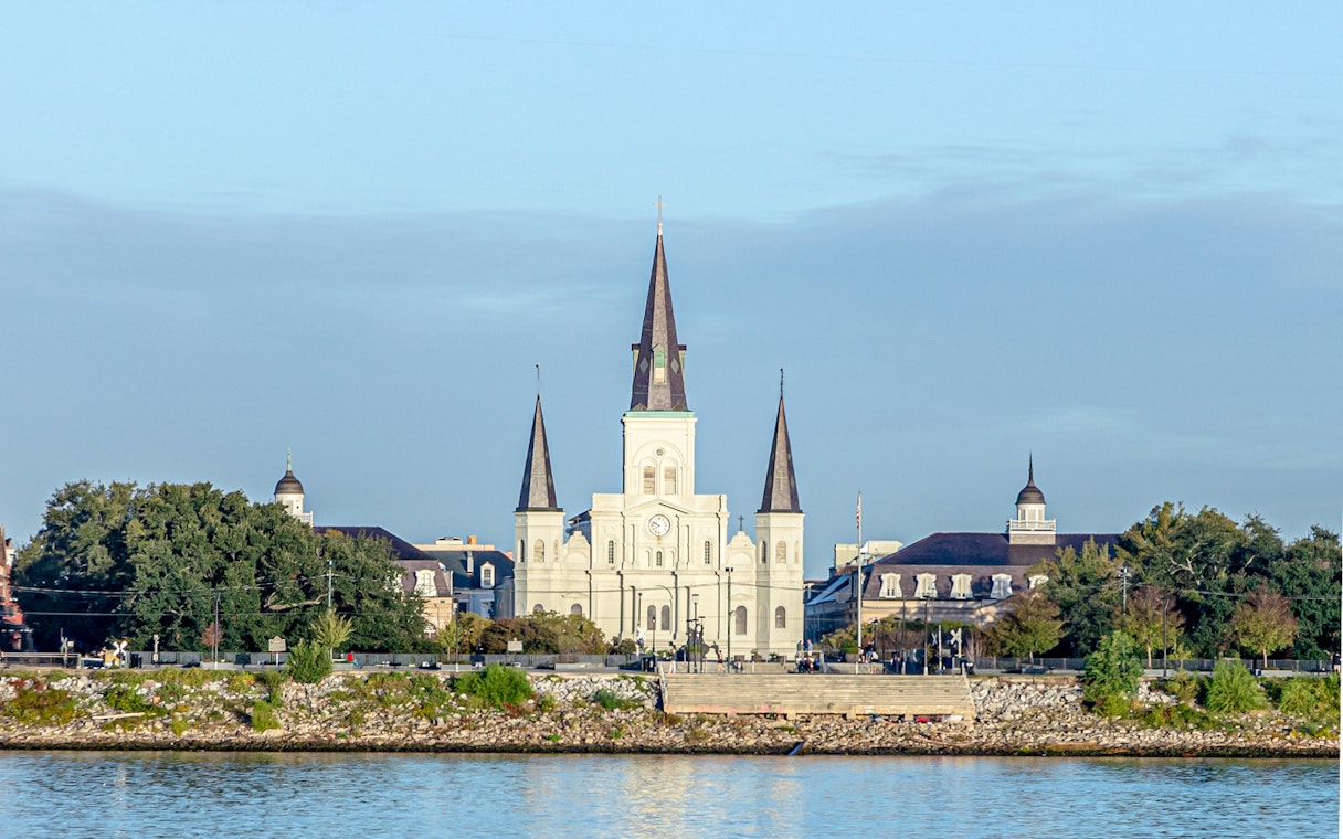 St. Louis Cathedral viewed from the Mississippi River in morning light, New Orleans.