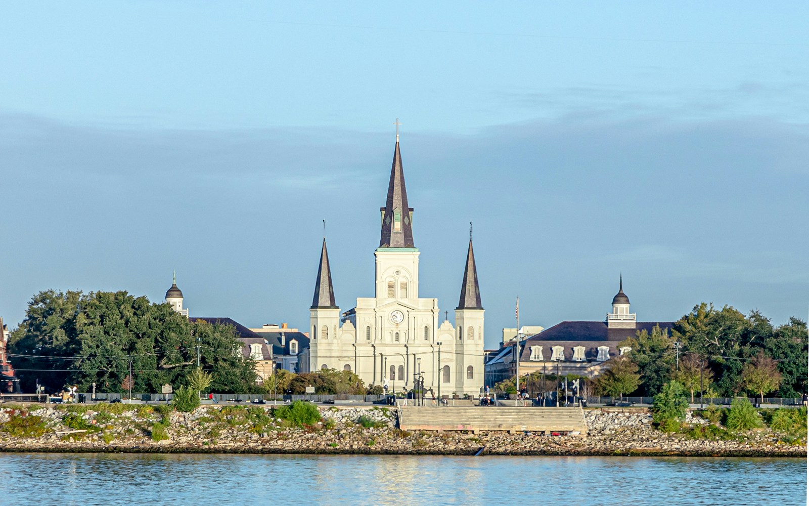 St. Louis Cathedral seen from river Mississippi in early morning light, New Orleans