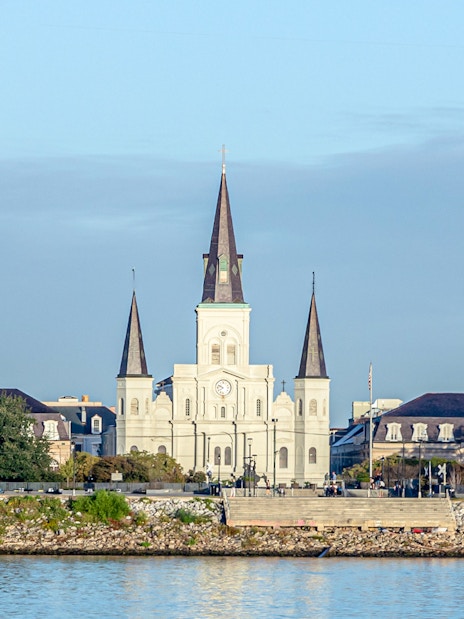 St. Louis Cathedral viewed from the Mississippi River in morning light, New Orleans.