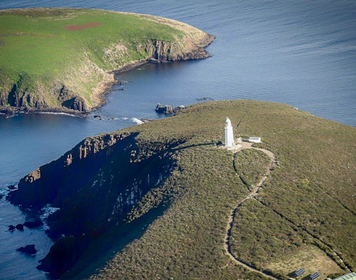 Aerial view of lighthouse and Bruny island