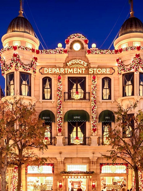 McDuck's Department Store illuminated at night, Tokyo DisneySea.