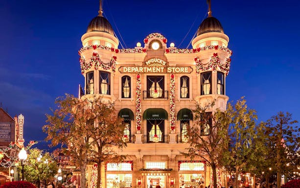 McDuck's Department Store illuminated at night, Tokyo DisneySea.