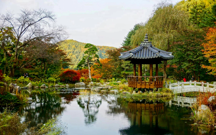 Pagoda and bridge in Tokyo Imperial Palace East Gardens with autumn foliage.