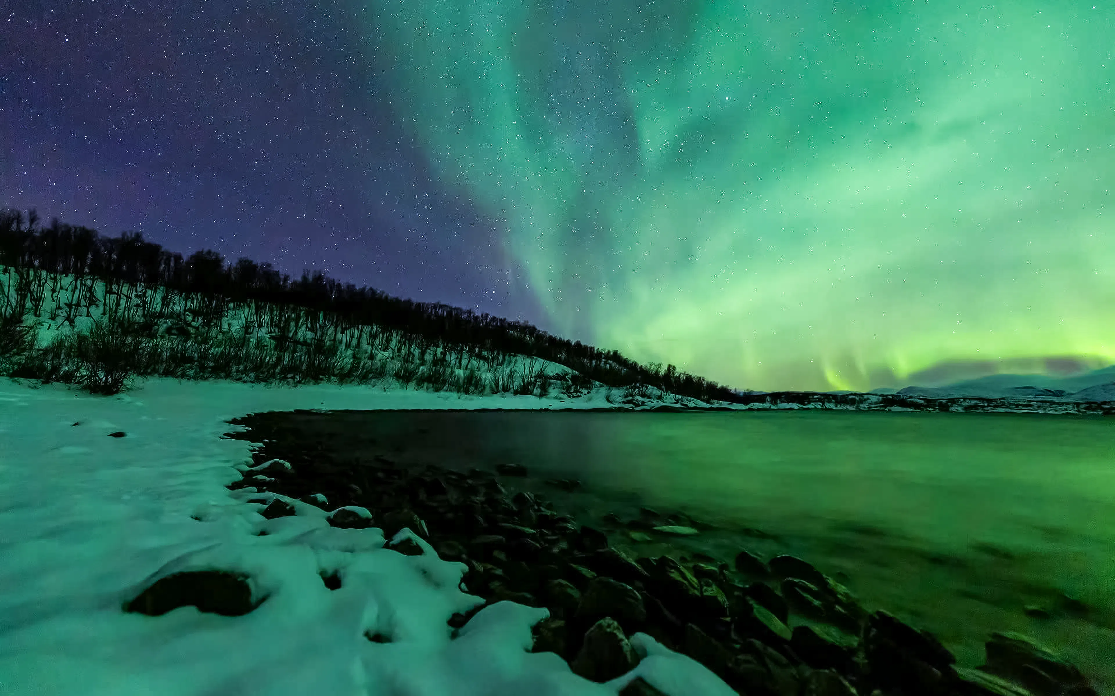 Northern lights over Lake Torneträsk, Abisko, with snowy shoreline and starry sky.